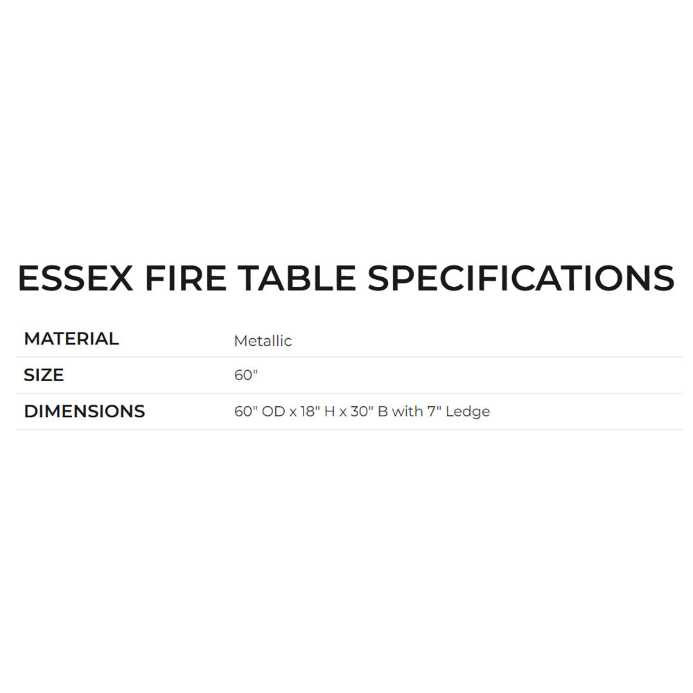 Fire table specifications graphic with material and size details