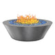 Round powder-coated gas fire table with blue fire glass, orange flames, and burner ring