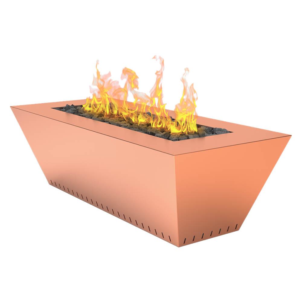 Linear copper gas fire table with open flame burner