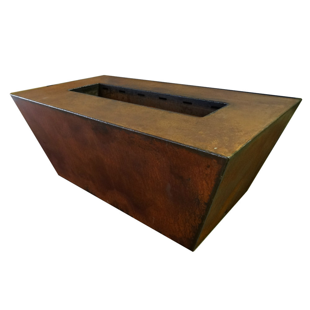 Corten linear gas fire table with rectangular burner opening, rust-brown finish