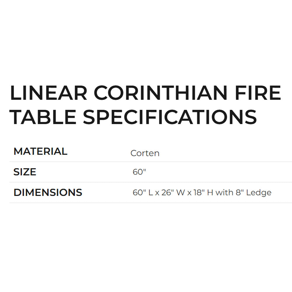 Linear Corinthian fire table specifications panel showing material and dimensions