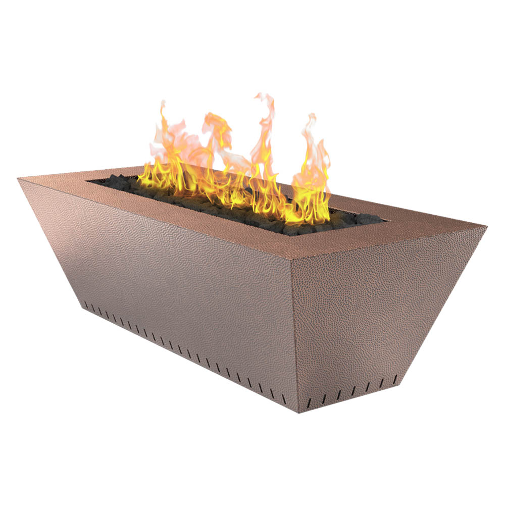 Hammered copper linear gas fire table with open rectangular burner and flames