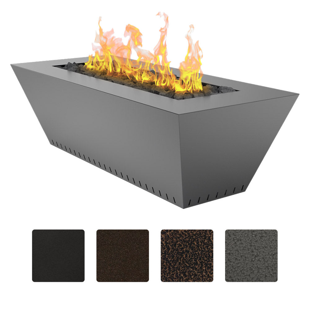Grey hammertone powder-coated linear gas fire table with open flames in burner pan