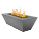 Grey powder-coated linear gas fire table with open flames and rectangular burner opening