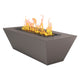 Chestnut hammertone powder-coated linear gas fire table with open flames in burner pan