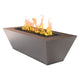 Bronze powder-coated linear gas fire table with open flames and dark burner tray