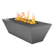 Grey powder-coated linear gas fire table with open flames and slotted side panels