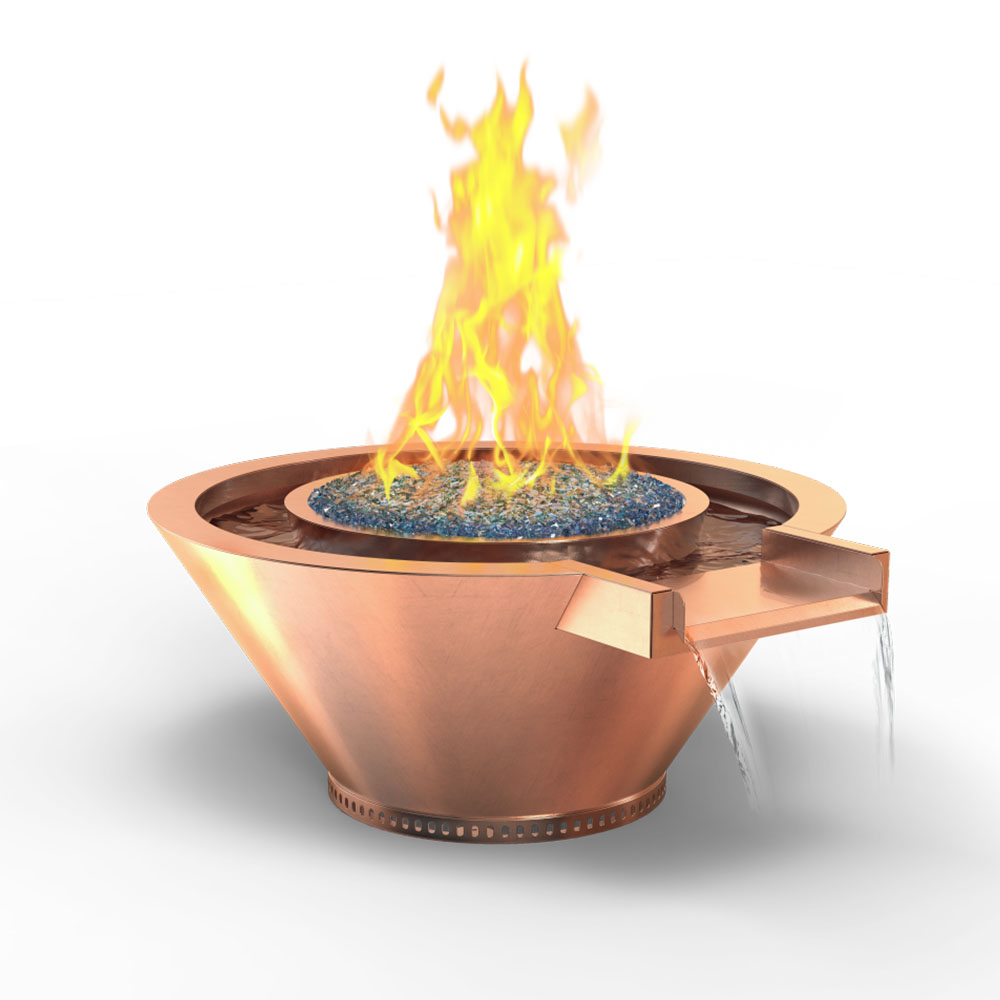 Copper gas fire and water bowl with flames rising from round basin