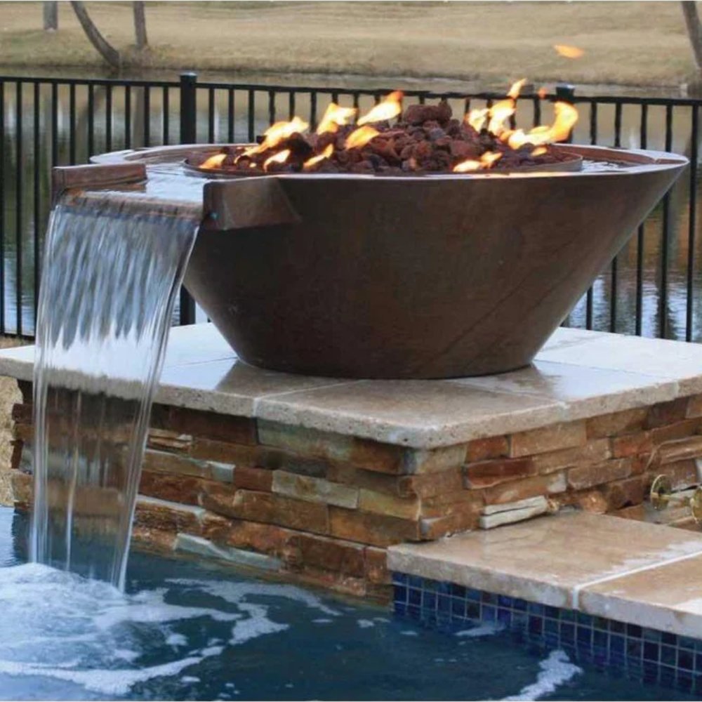 Copper round fire bowl with water spilling over the rim and visible flames