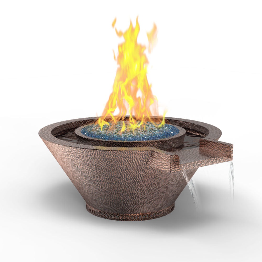 Round hammered copper fire and water bowl with flames and blue water