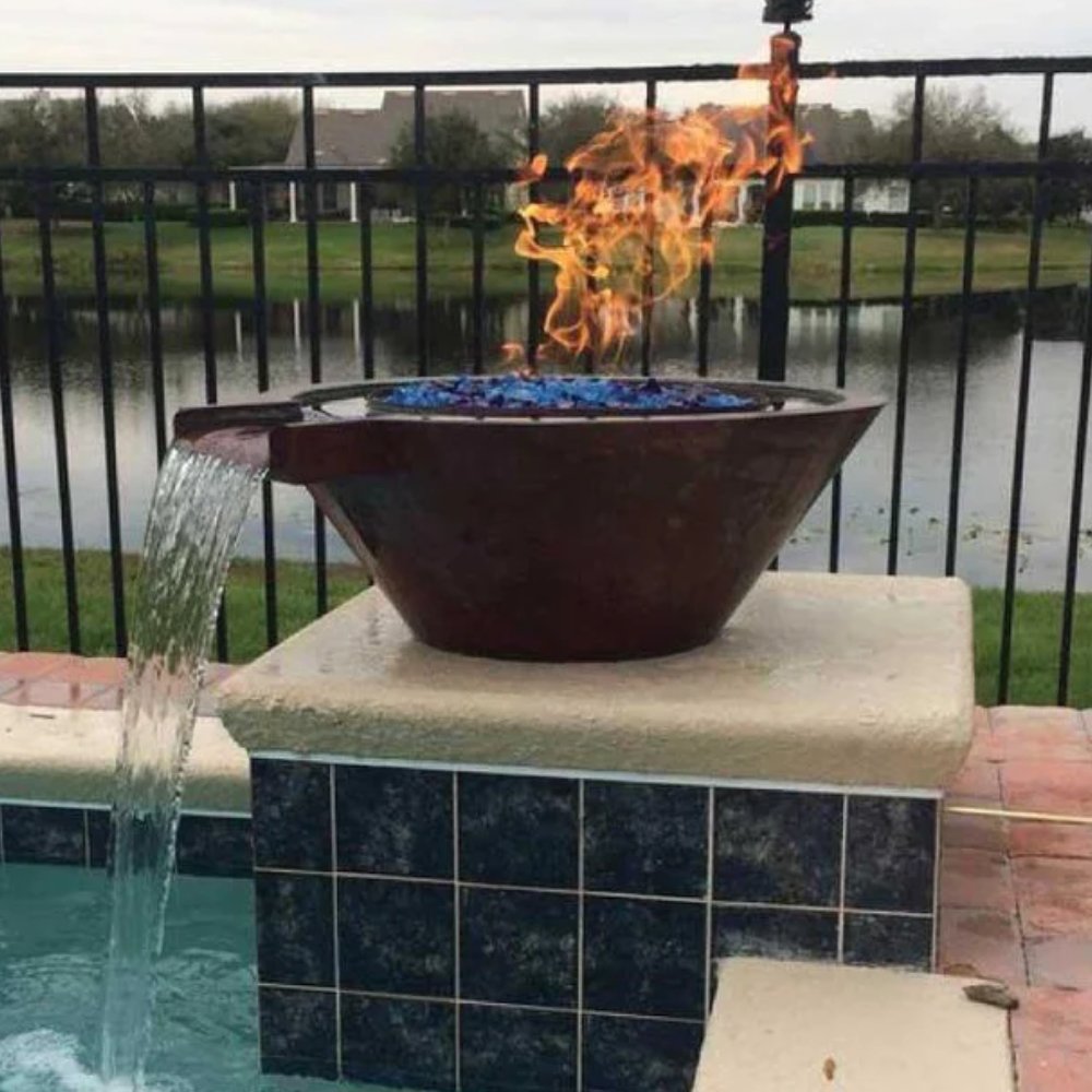 Round dark metal fire and water bowl with flames and flowing water