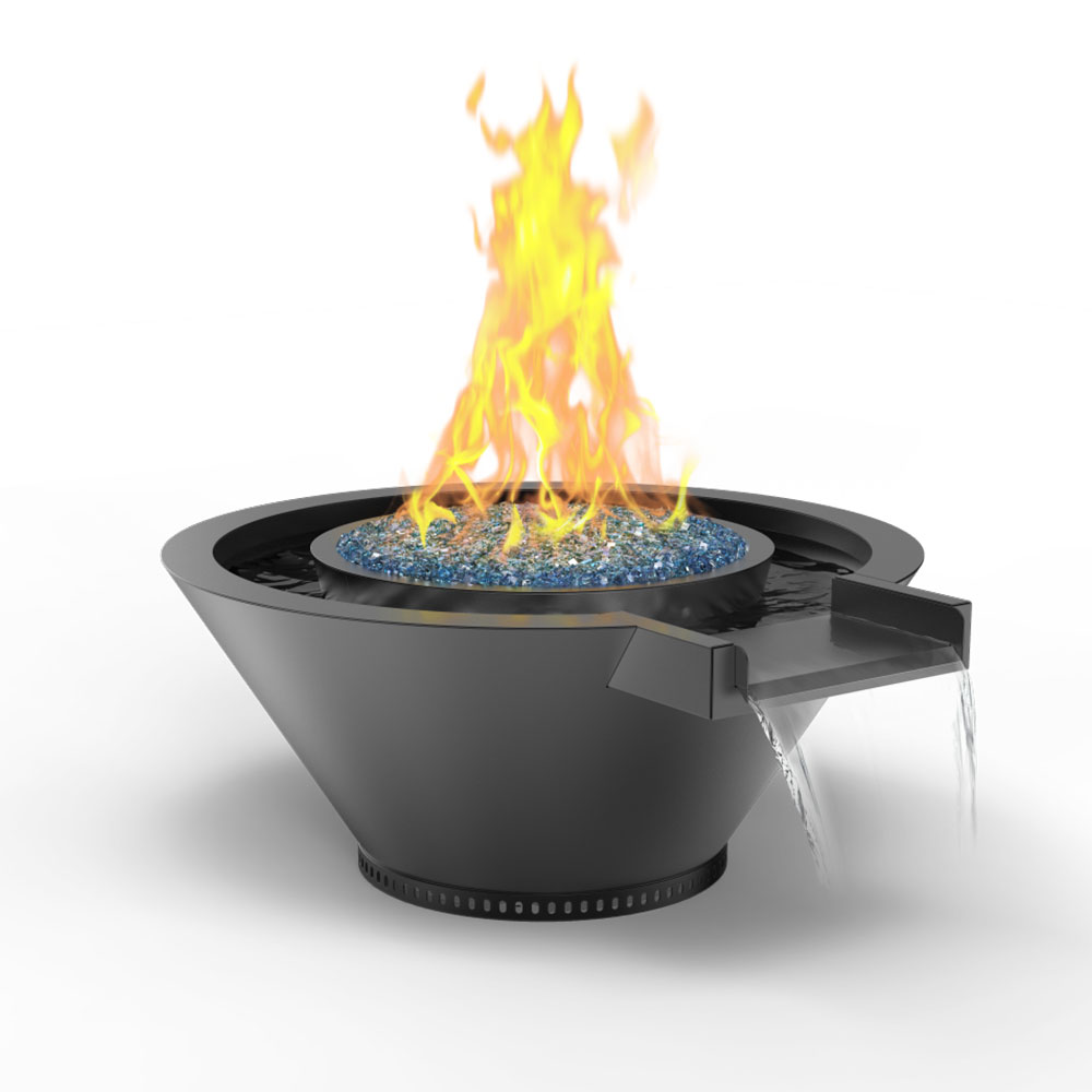 Powder-coated gas fire and water bowl with flames, black finish, extended lip