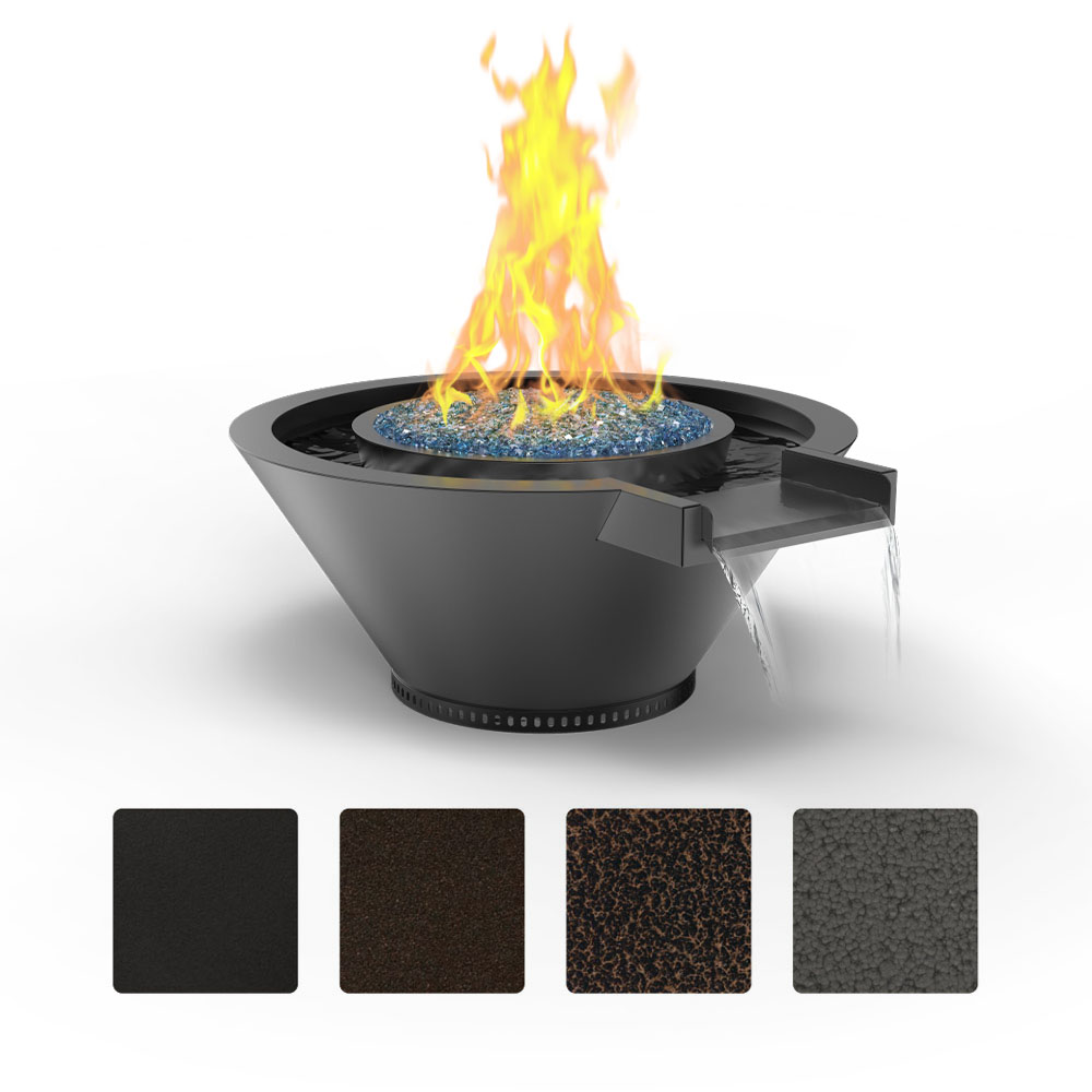 Powder-coated gas fire and water bowl with flames, dark finish, extended lip