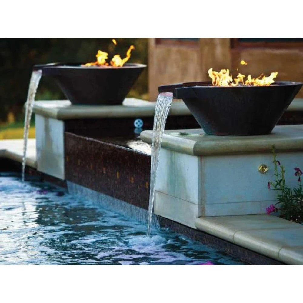Powder-coated gas fire and water bowl with flames and water stream
