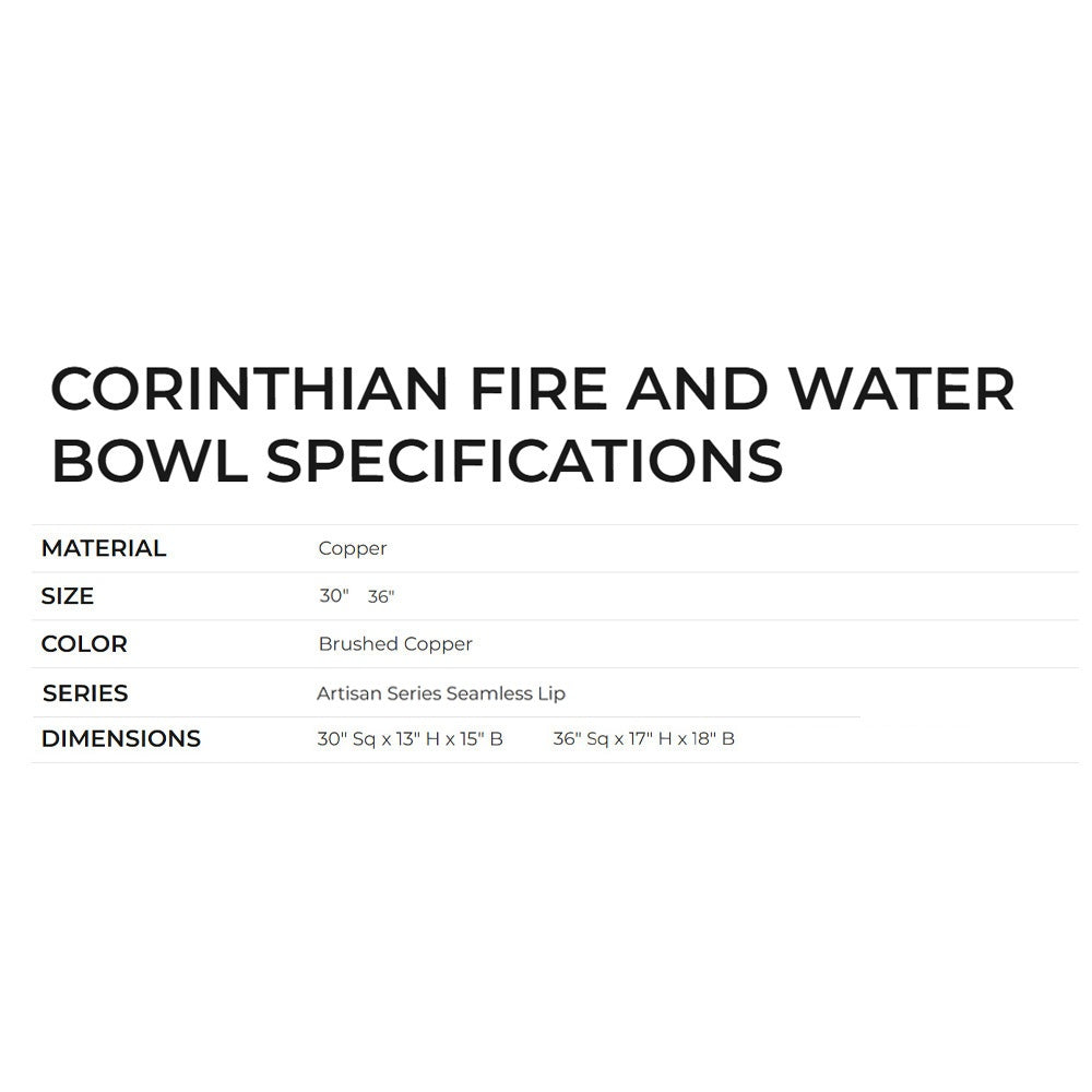 Grand Effects Artisan Series Square Corinthian Copper Gas Fire and Water Bowl with Seamless Lip