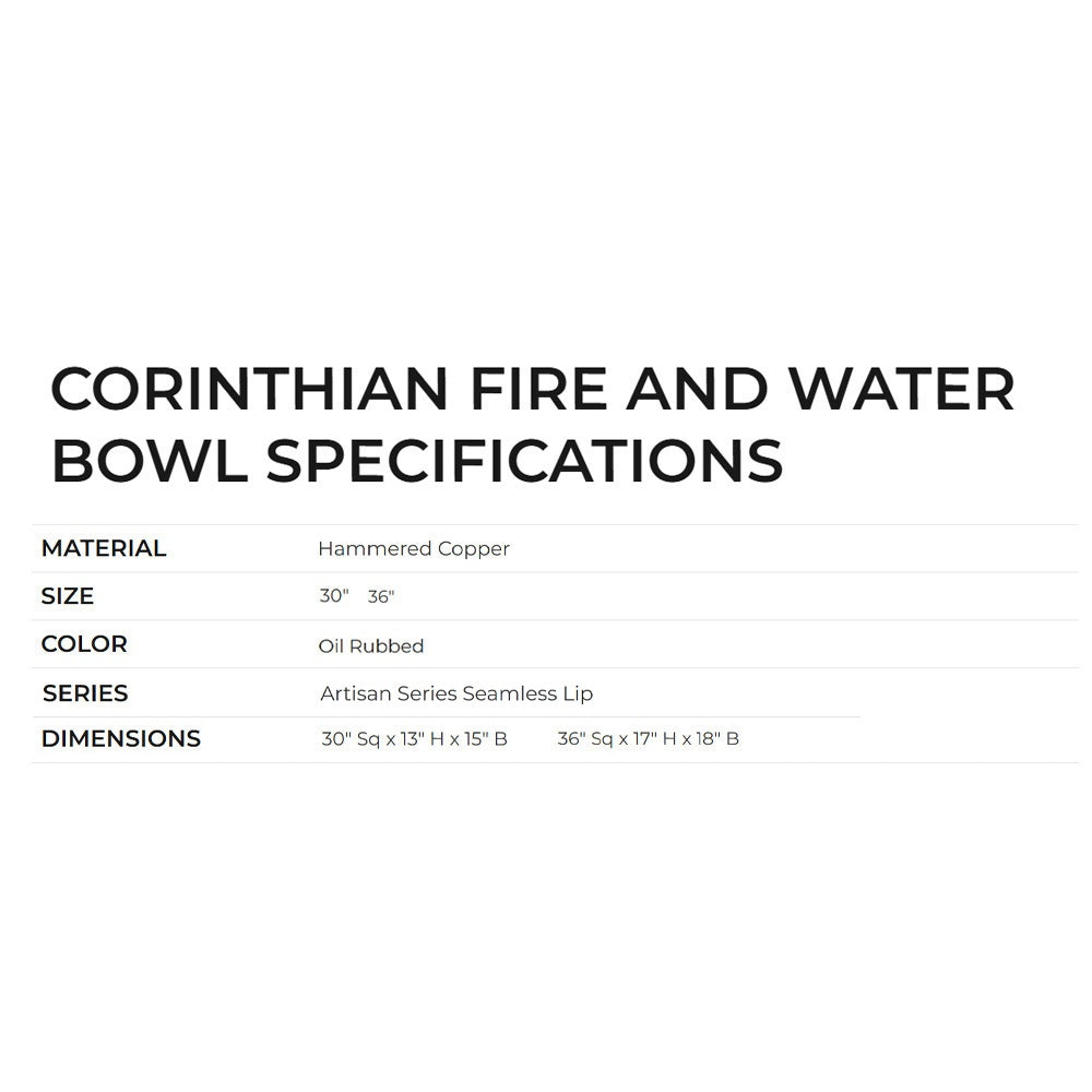 Grand Effects Artisan Series Square Corinthian Hammered Copper Gas Fire and Water Bowl with Seamless Lip