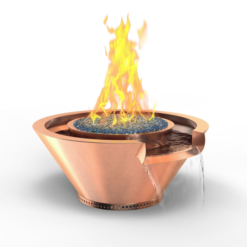 Copper gas fire and water bowl with open flame and water spill