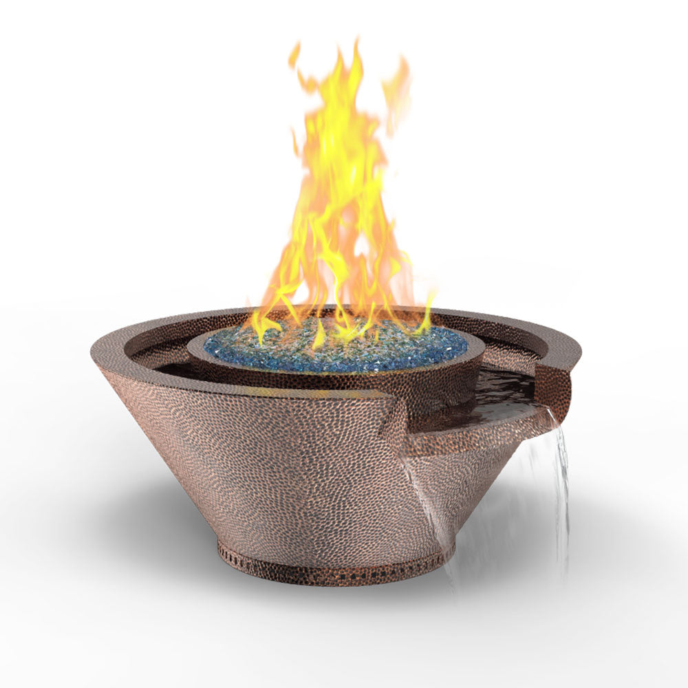 Hammered copper round gas fire and water bowl with seamless rim, flame over blue water
