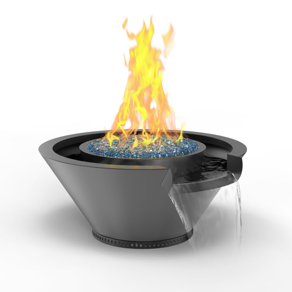 Round powder-coated metal fire and water bowl with flame, matte dark gray finish