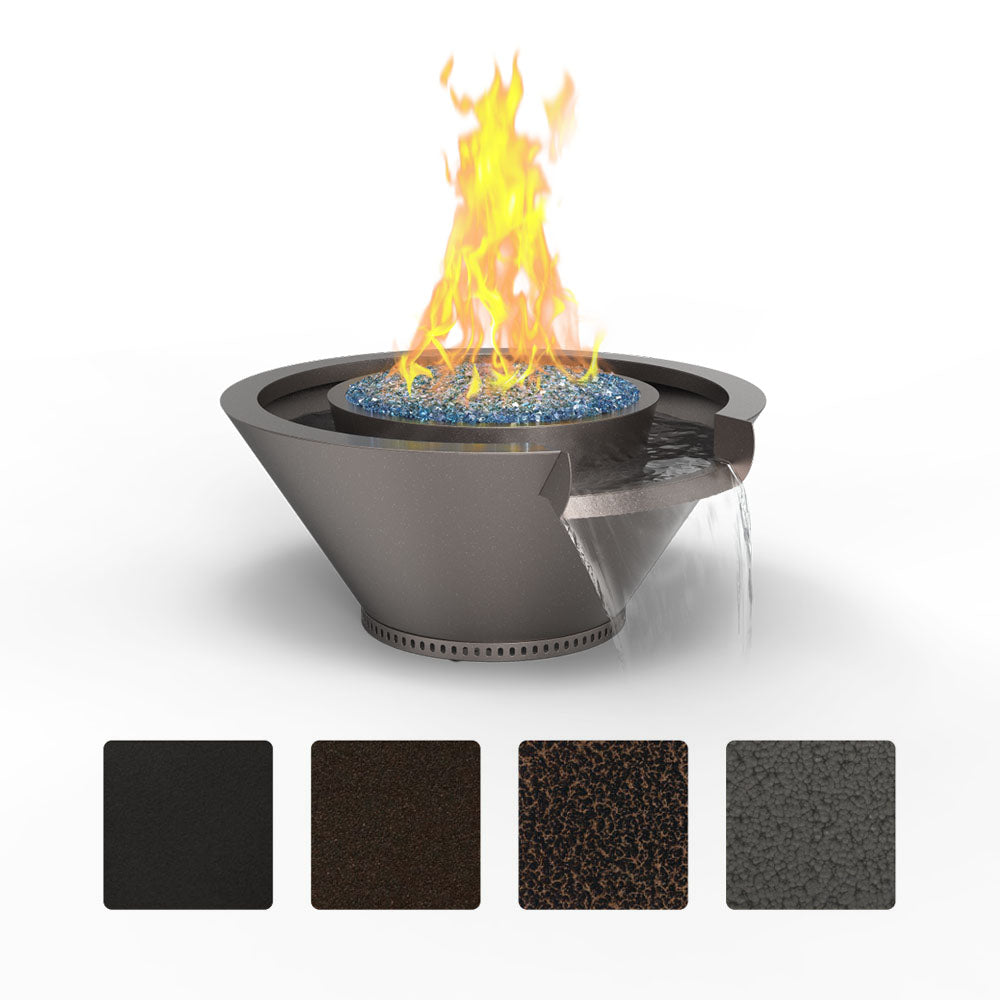Powder-coated metal fire and water bowl, dark finish, seamless rim; color swatch row