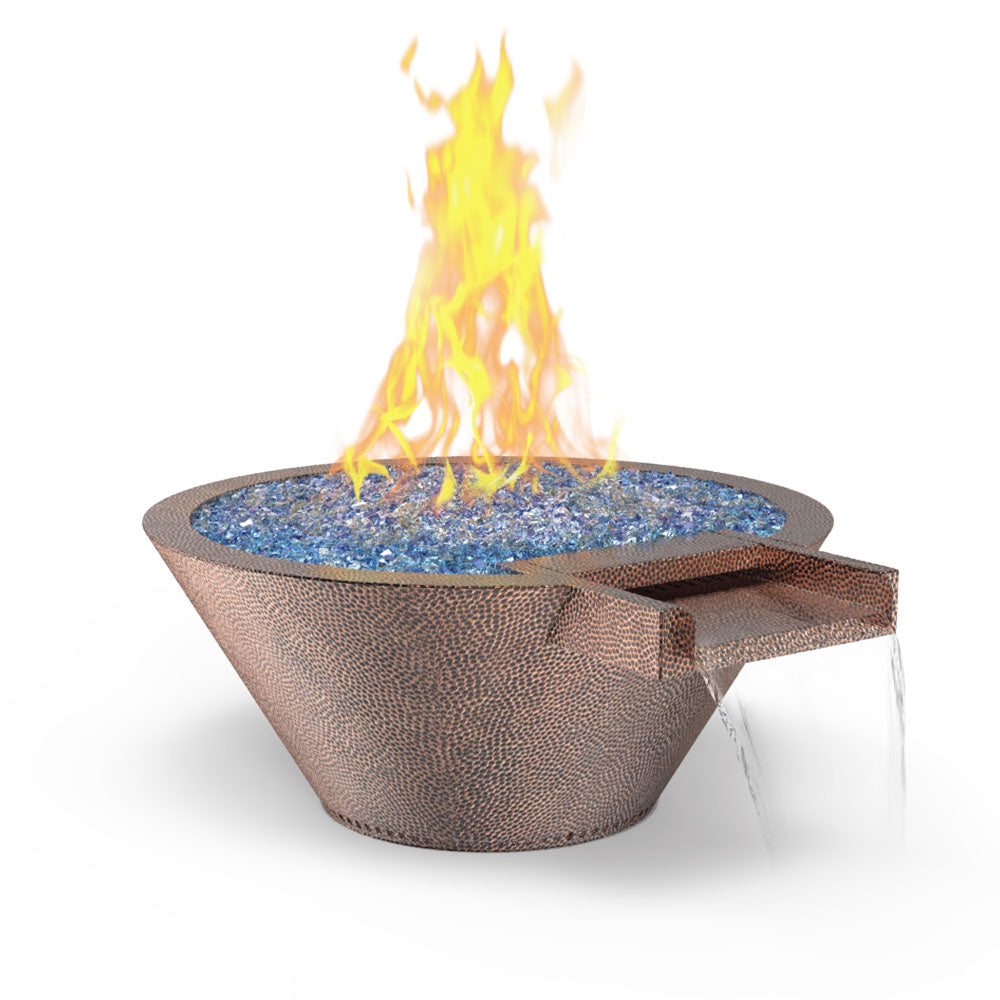 Round hammered copper gas fire and water bowl with flames and blue burner insert