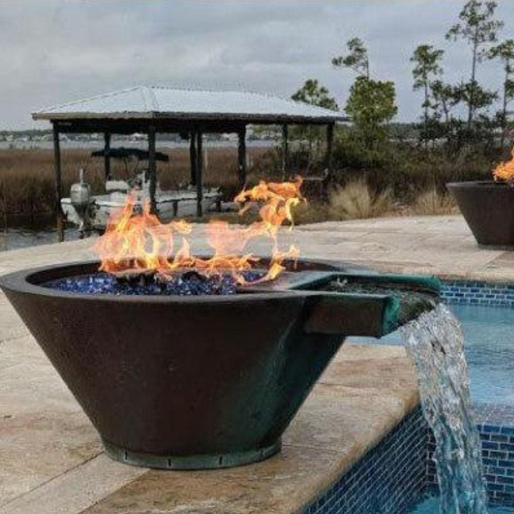 Round hammered copper gas fire and water bowl with flames and spilling water