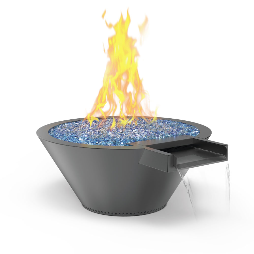 Round gas fire and water bowl, dark powder-coated body with blue flame bed and side shelf.