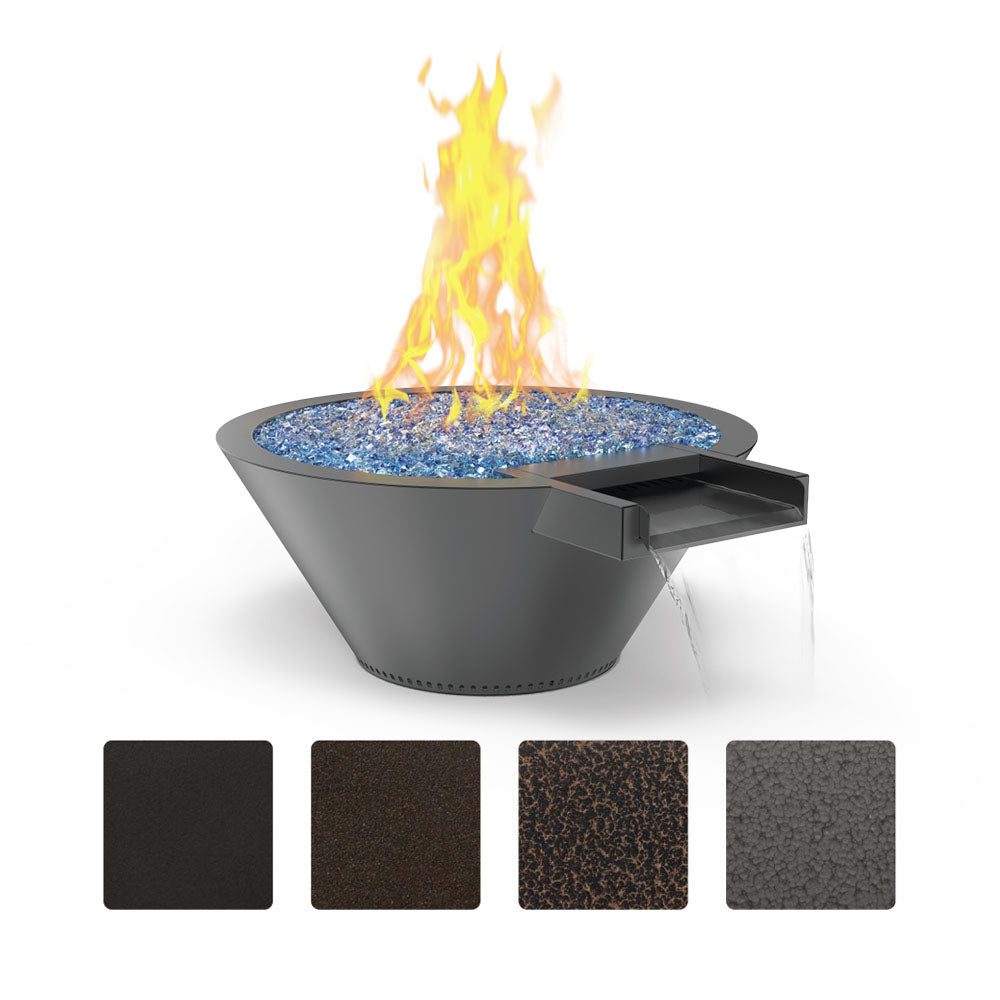Round gas fire and water bowl, dark powder-coated finish with blue flame bed and ledge.