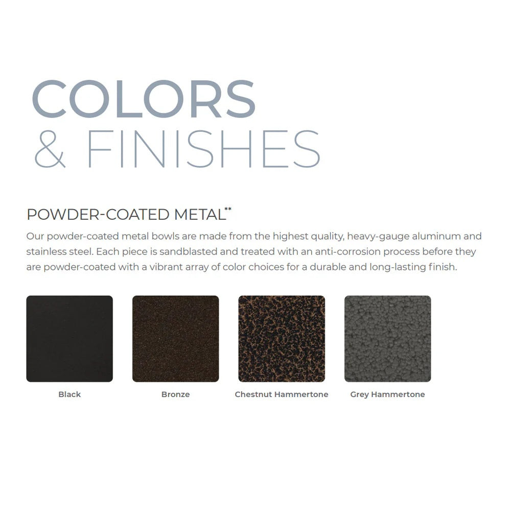 Round Essex powder-coated gas and water bowl color swatches: black, bronze, chestnut, grey.
