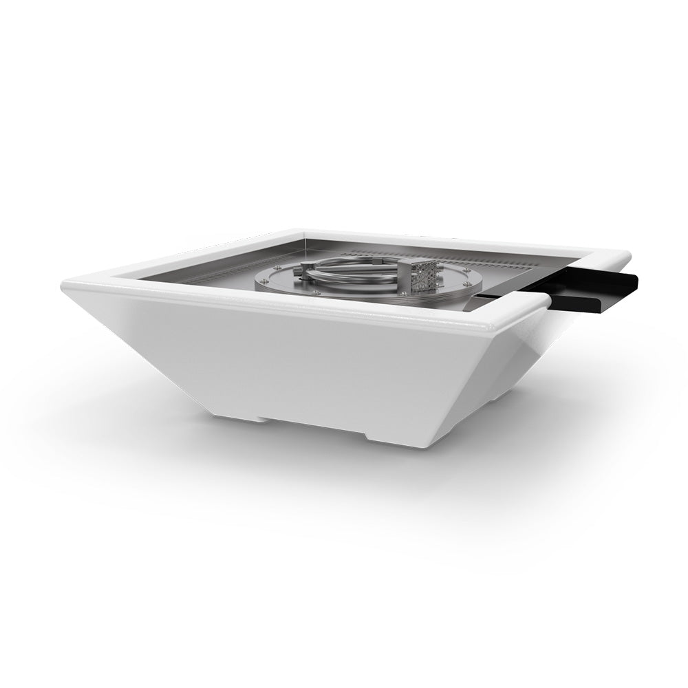 White concrete fire and water bowl with burner insert and side control shelf
