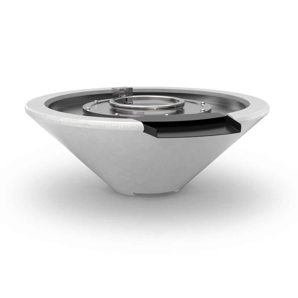 Concrete gas fire and water bowl with light gray finish and stainless burner insert
