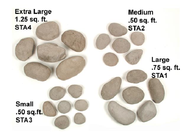 Firestone assortment stones shown by size groups: extra large, medium, large, small