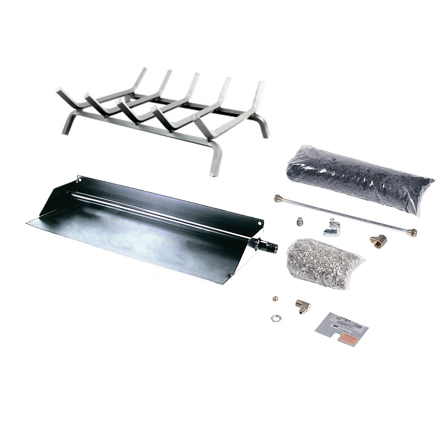 Stainless steel burner and grate kit with metal tray and included mounting hardware parts