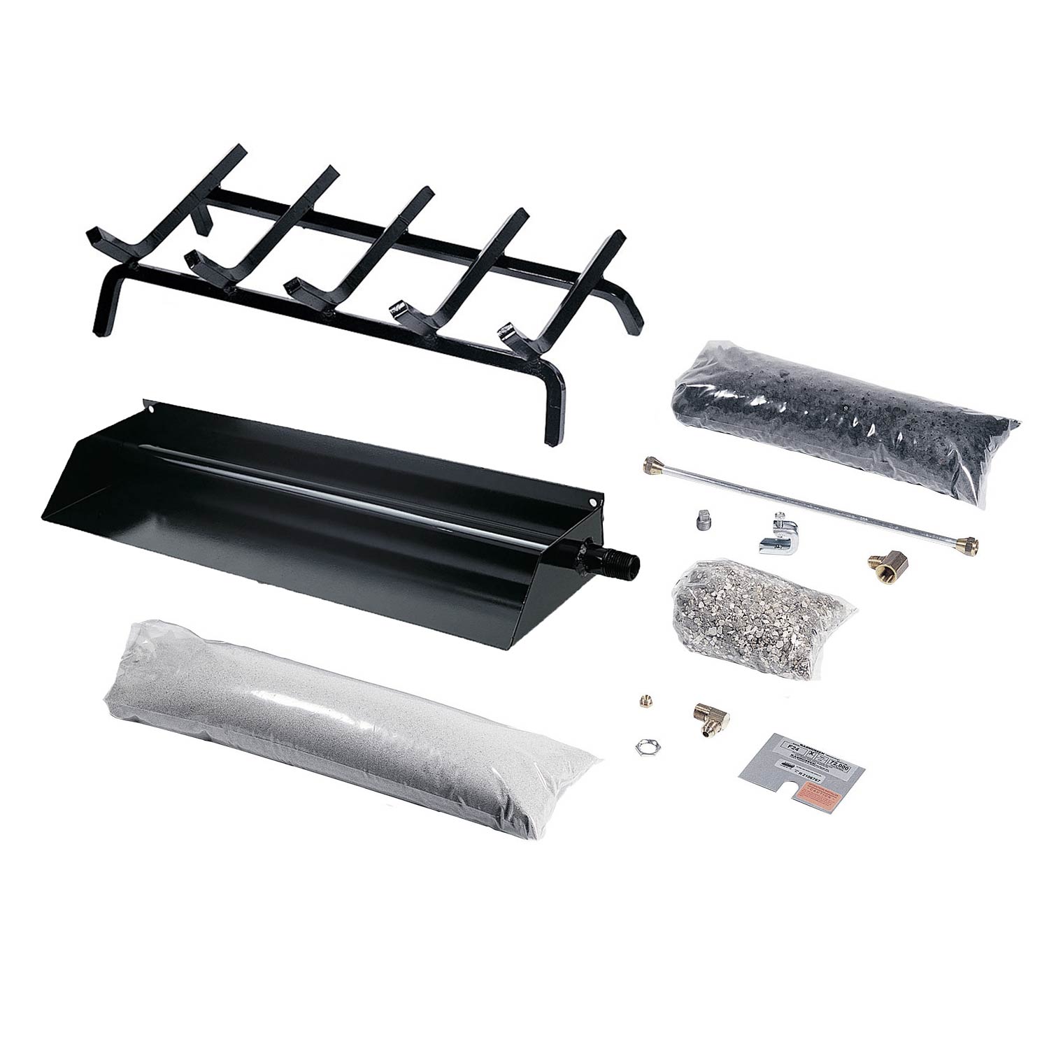 Black burner and grate kit components with wrapped insulation and mounting hardware