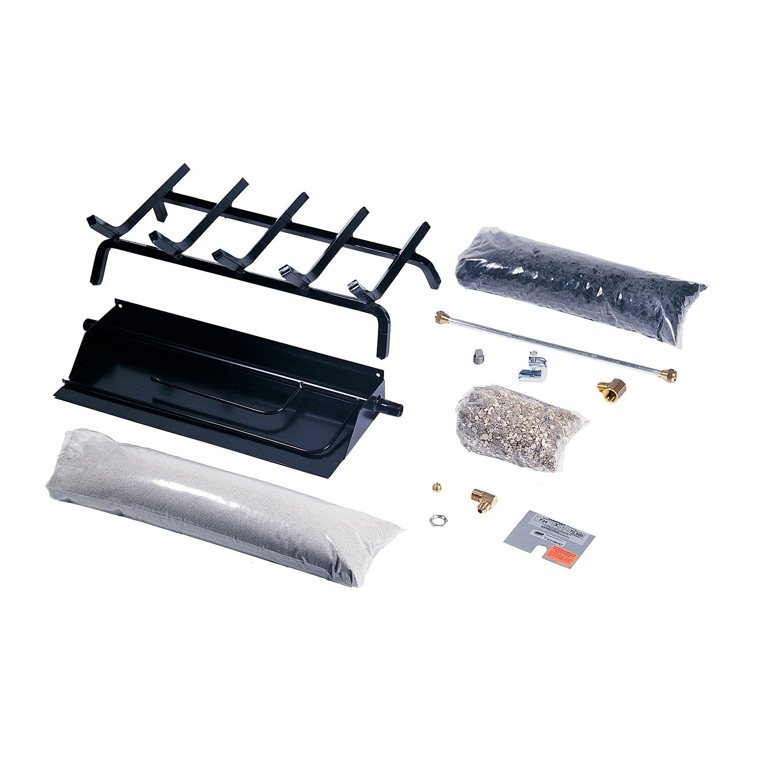 Gas burner and grate kit components: black grate, burner tray, metal tubes and hardware