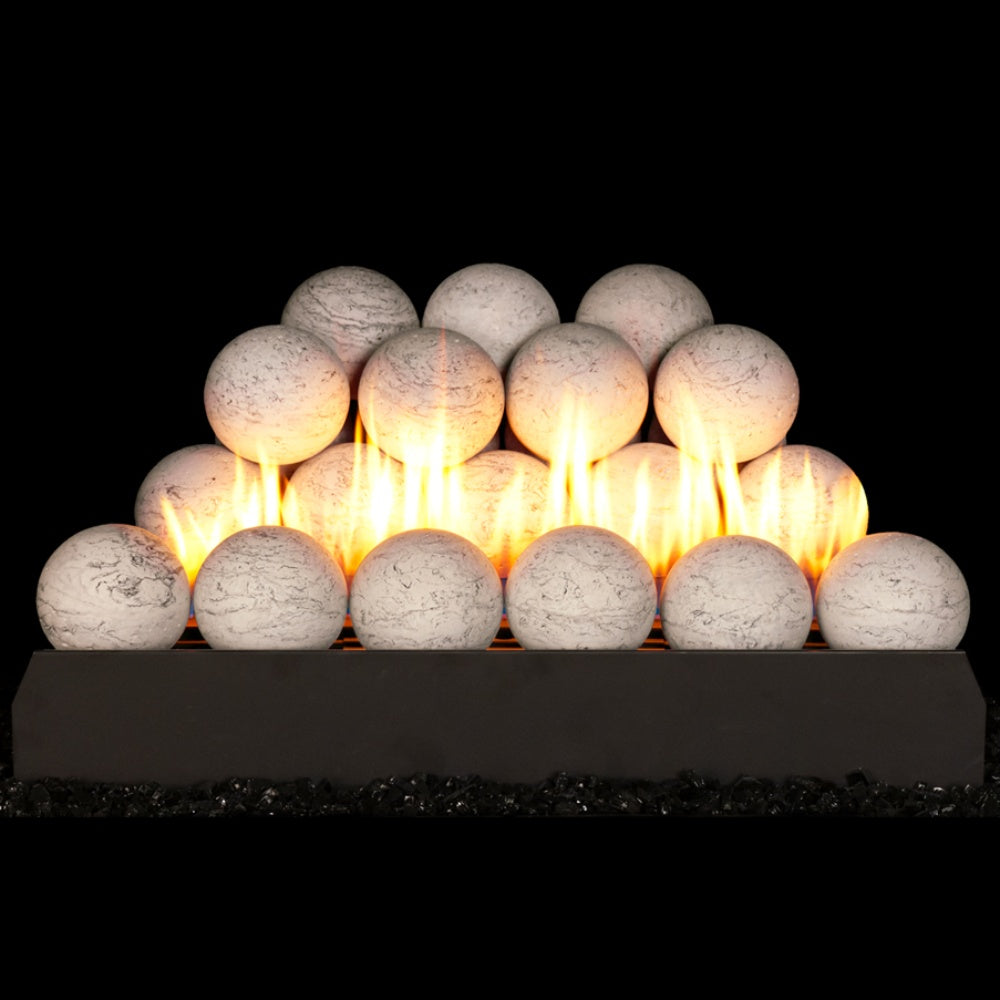 Light gray fire spheres with bright flames between round stone-like balls