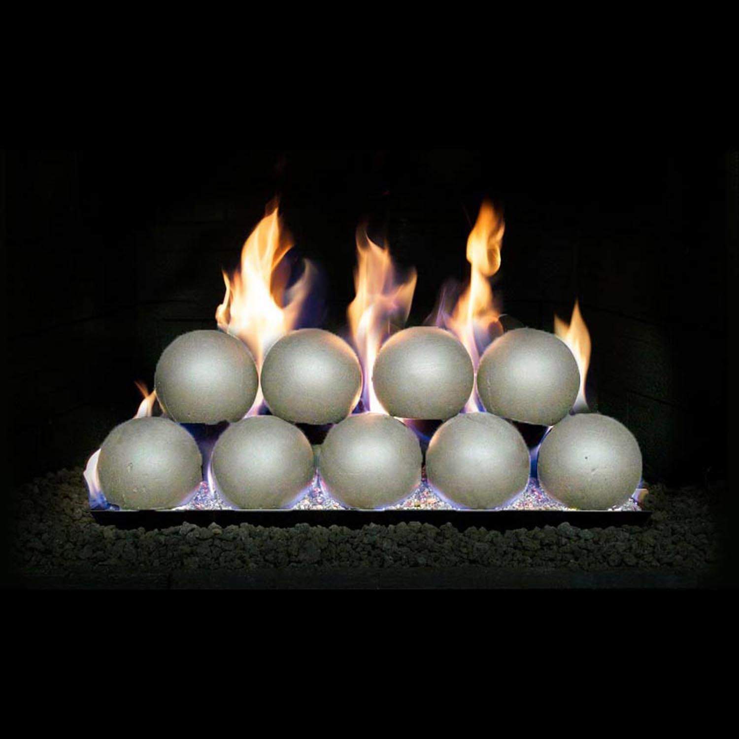 Gray fire spheres with flames rising behind a row of round balls