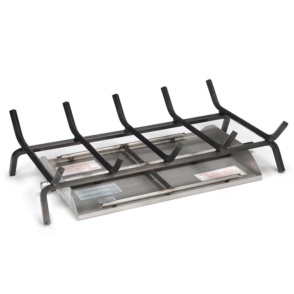 Stainless steel vented fireplace burner with see-thru grate and support legs