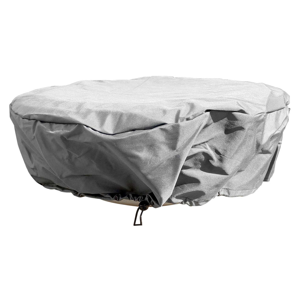 Round polyester fire pit cover, gray, with drawstring cinch