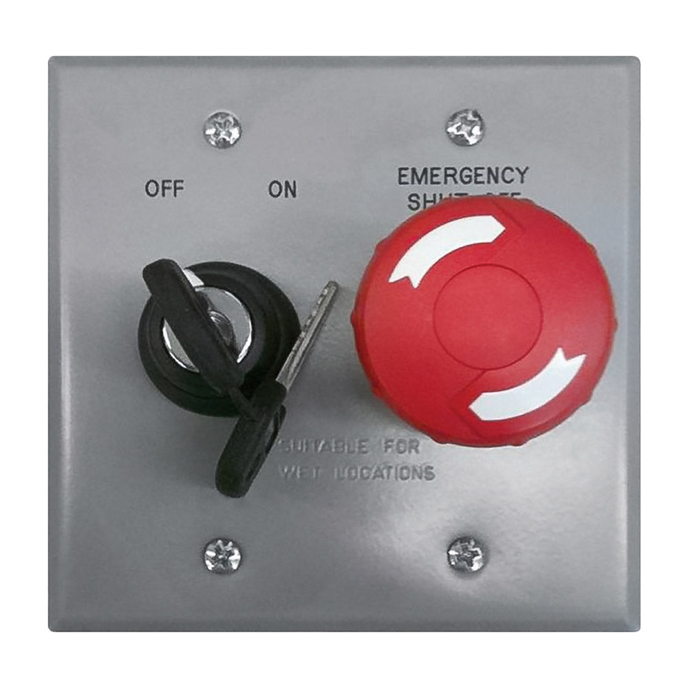 Emergency key switch panel with red emergency button and ON/OFF markings, grey faceplate