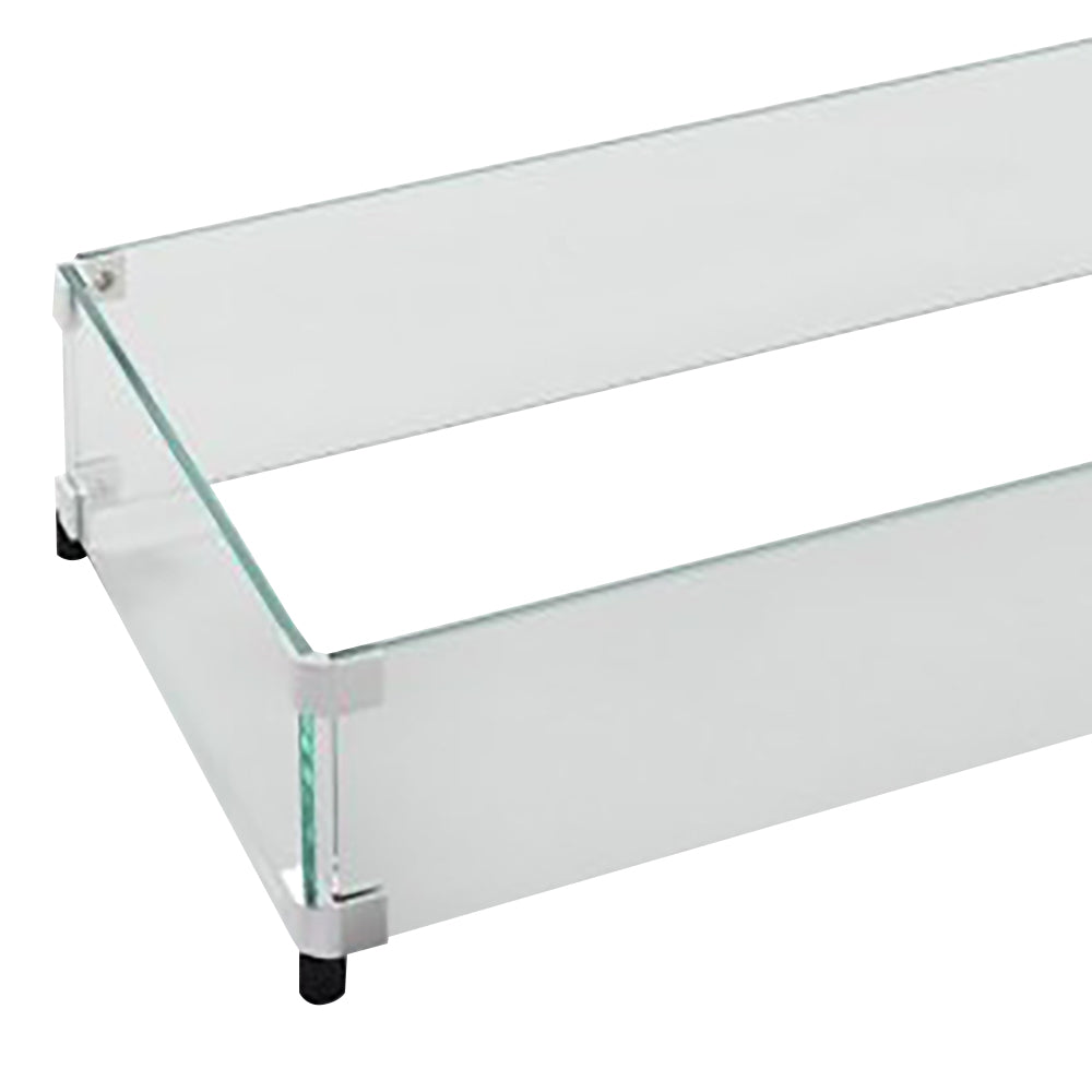 Clear glass fire burner guard with metal side supports and corner brackets