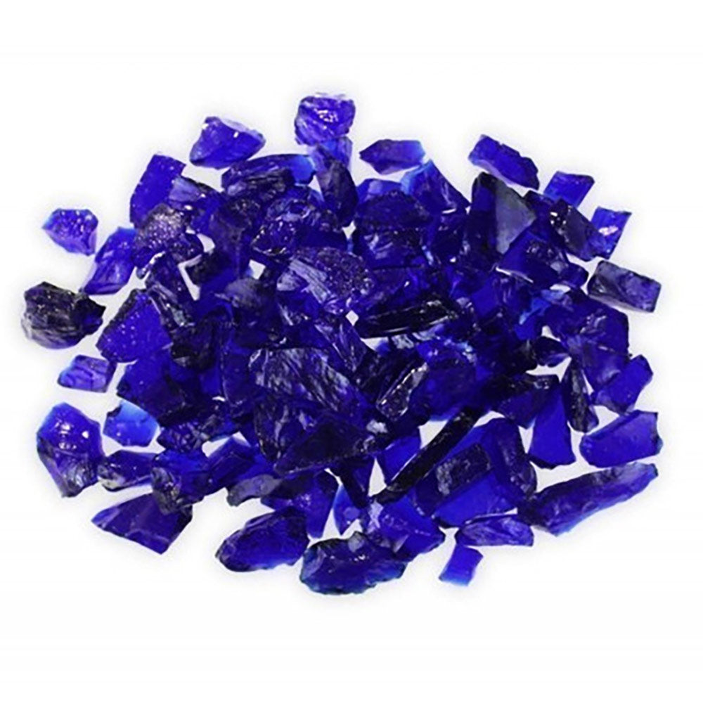 Dark blue broken fire glass pieces with assorted jagged chunks and shards