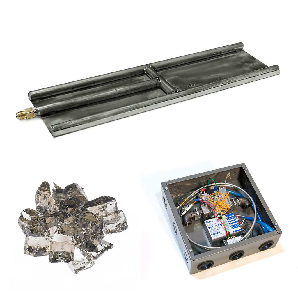 H-style glass burner with dark metal tray, clear and silver glass media, and boxed insert