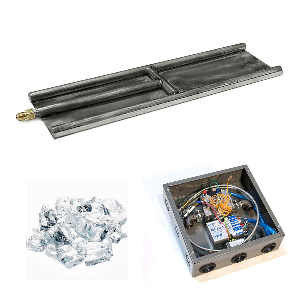Stainless steel H-style glass burner kit with clear ice media and open control box