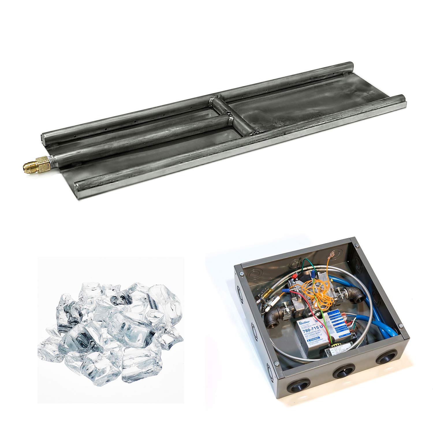 Stainless steel H-style glass burner kit with clear ice media and open control box