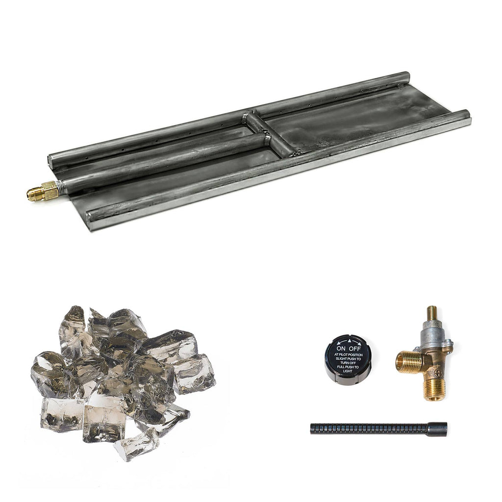 H-style glass burner with dark metal tray, clear glass media, and control parts