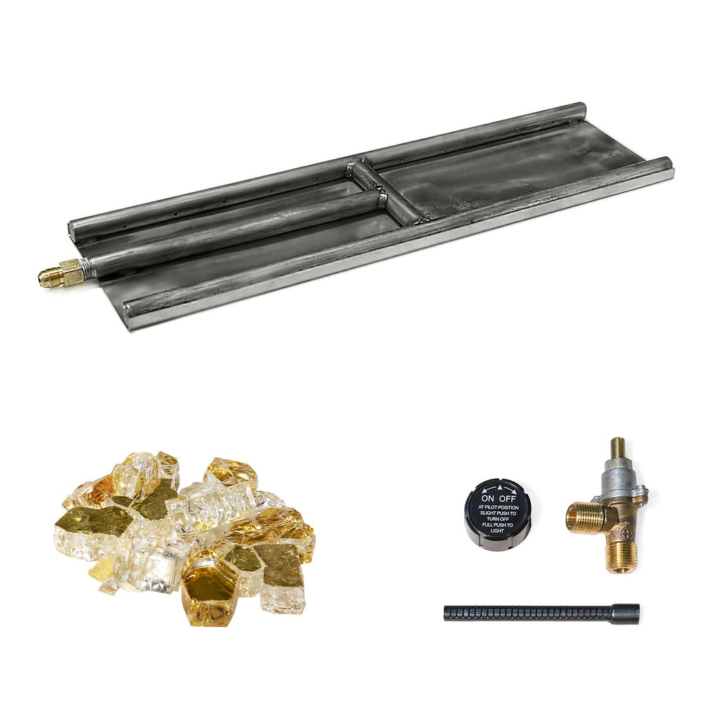 H-style glass burner with dark metal tray, amber glass media, and control parts
