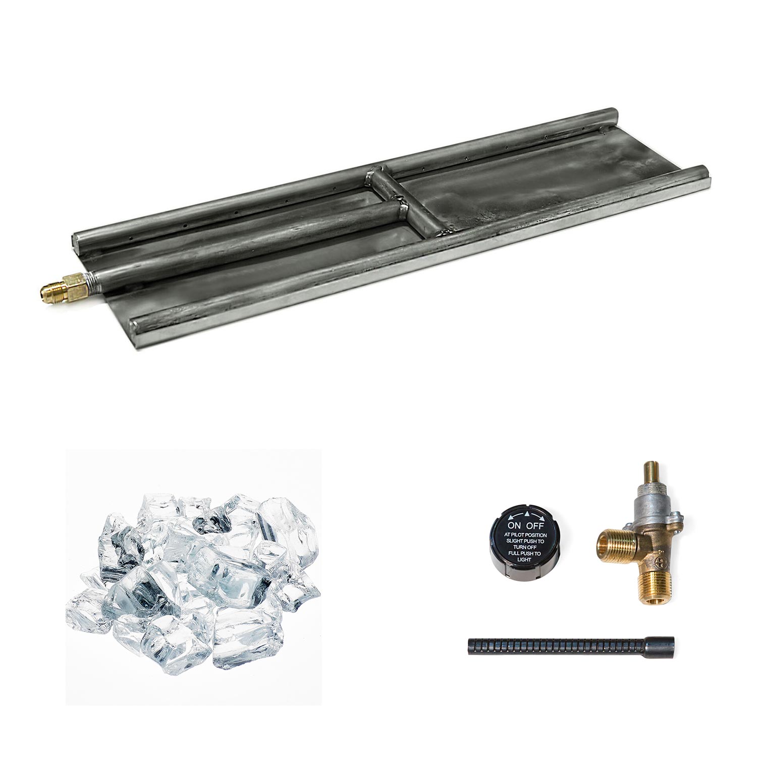 Stainless steel H-style glass burner kit with clear ice media, on/off dial, and brass valve
