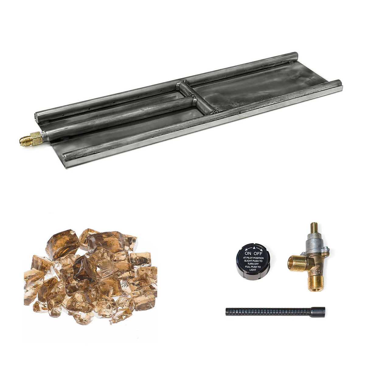Stainless steel H-style glass burner kit with brown glass media, on/off dial, and brass valve