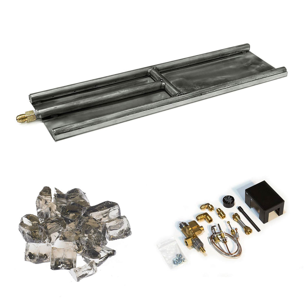 H-style glass burner with dark metal tray, clear and silver glass media, and hardware accessories